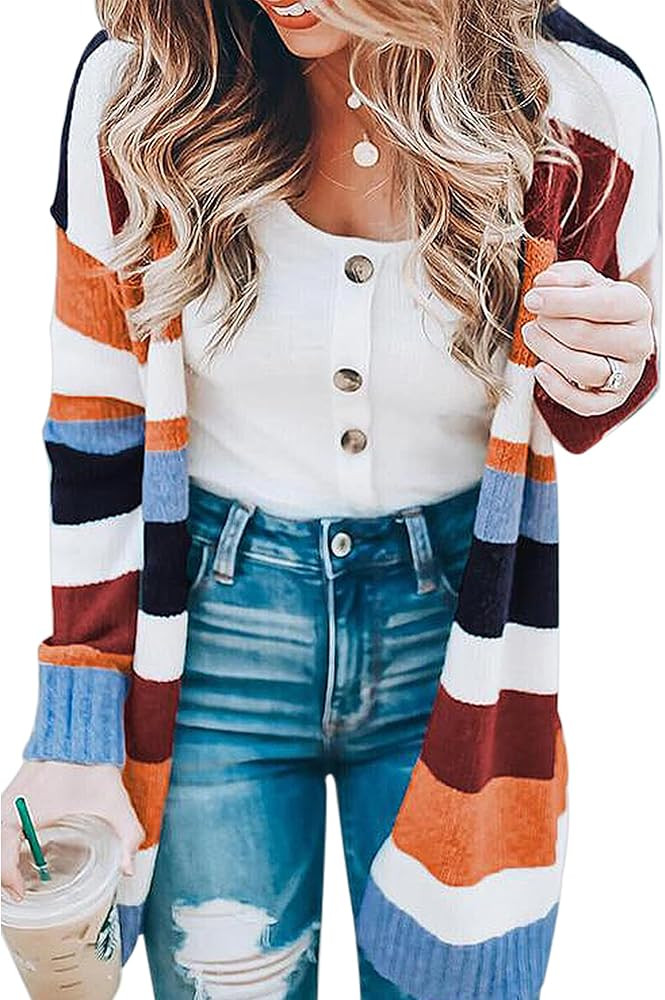 ECOWISH Cardigan Sweaters for Women Lightweight Fall Color Block Striped Long Sleeve Open Front C... | Amazon (US)