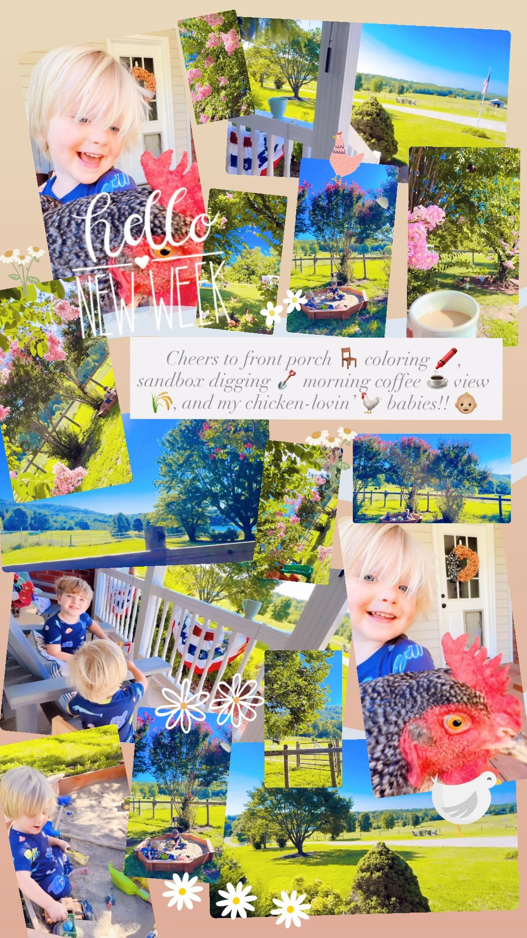 Cheers to front porch 🪑 coloring 🖍️, sandbox digging 🪏 morning coffee ☕️ view 🌾, and my chicken-lovin’ 🐓 babies!! 👶🏼