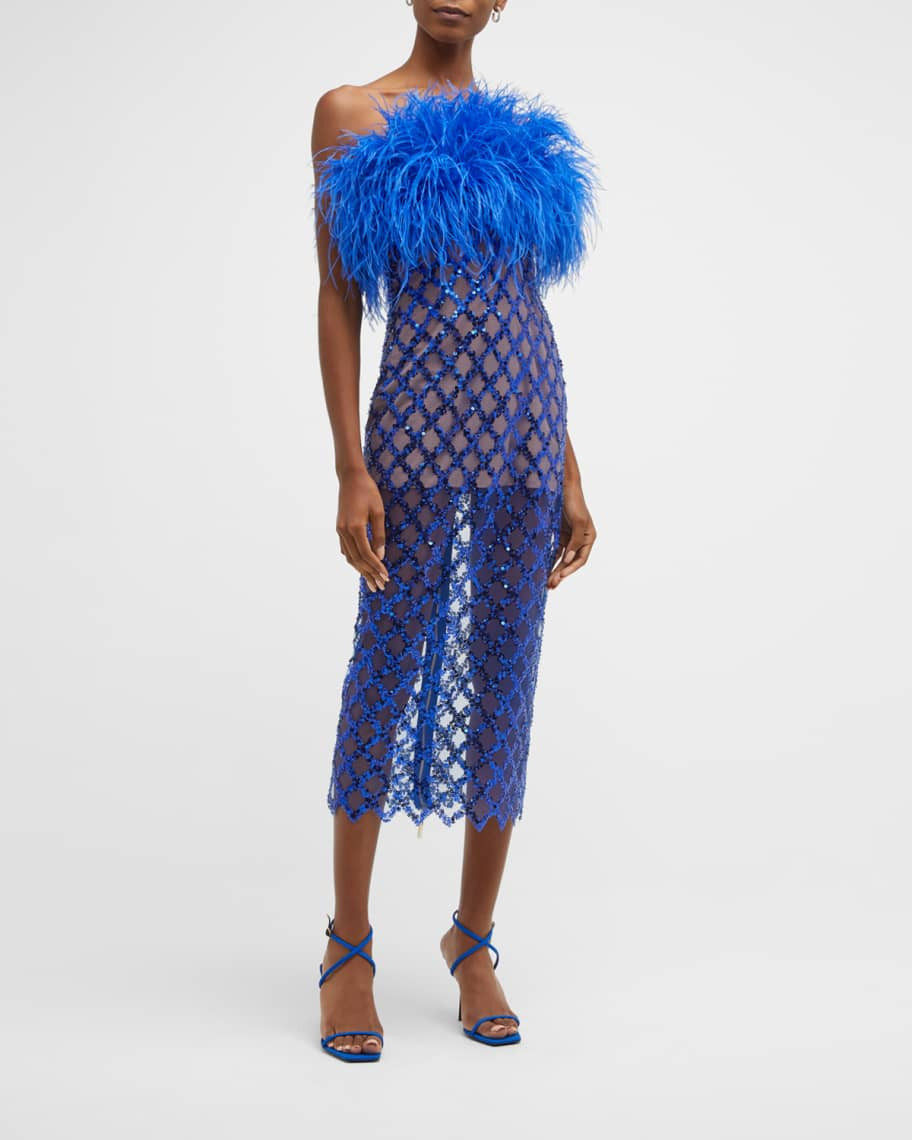 Bronx and Banco Coco X Afiya Cobalt Sequin Midi Dress w/ Feather Trim | Neiman Marcus