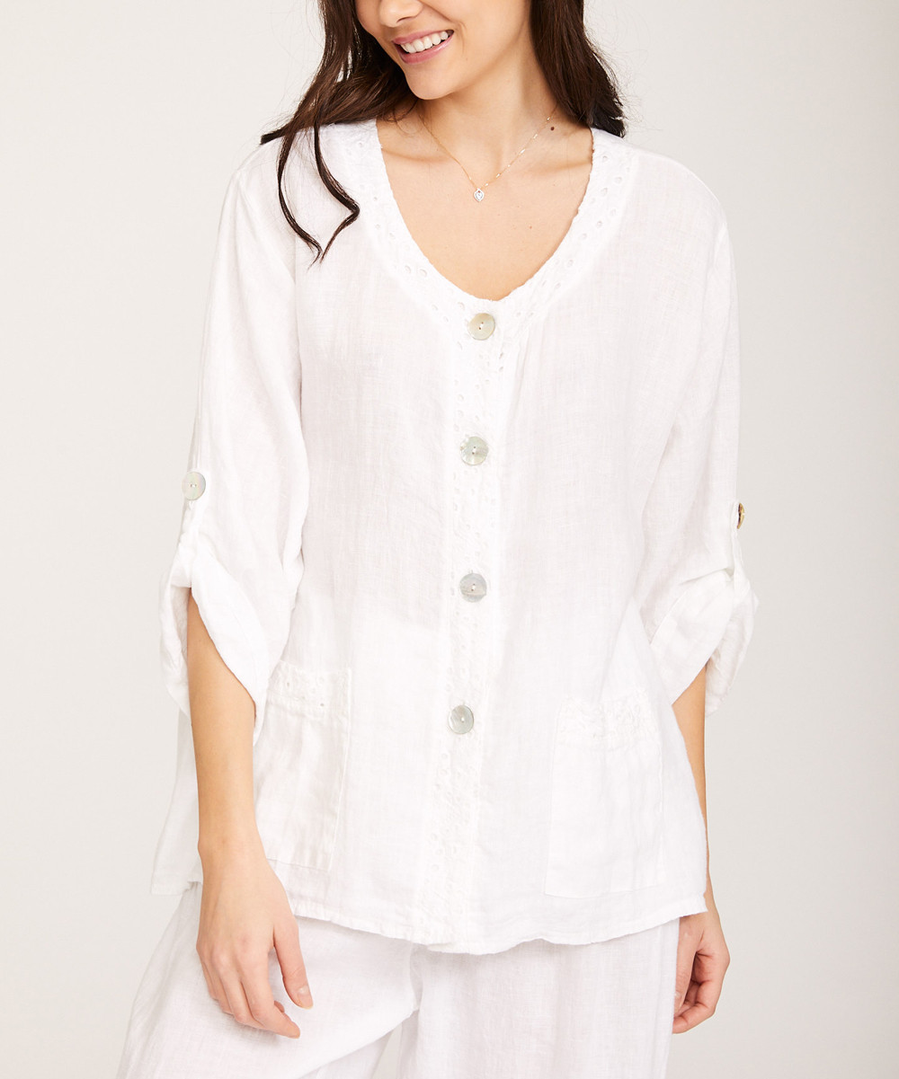 Ornella Paris Women's Button Down Shirts - White Eyelet-Trim Linen Button-Up Tunic - Women | Zulily