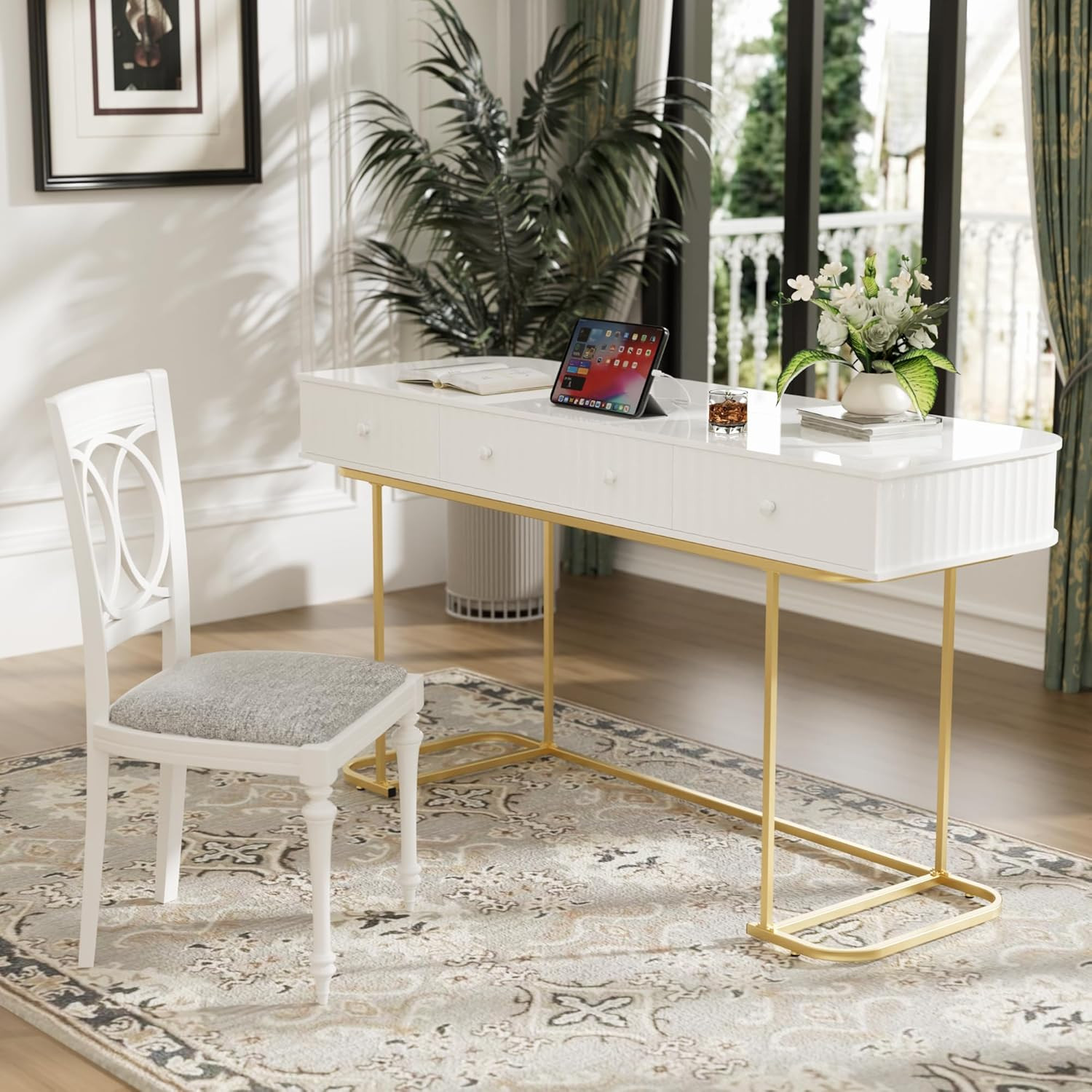 Merax 58" Modern Curved Writing Wooden Executive Desk with Waveform Fluted Panel Design with 3 Dr... | Amazon (US)