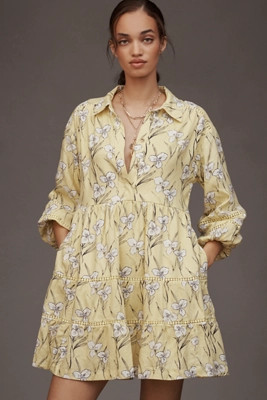 The Bettina Linen Blend Tiered Mini Shirt Dress by Maeve | Anthropologie (US)