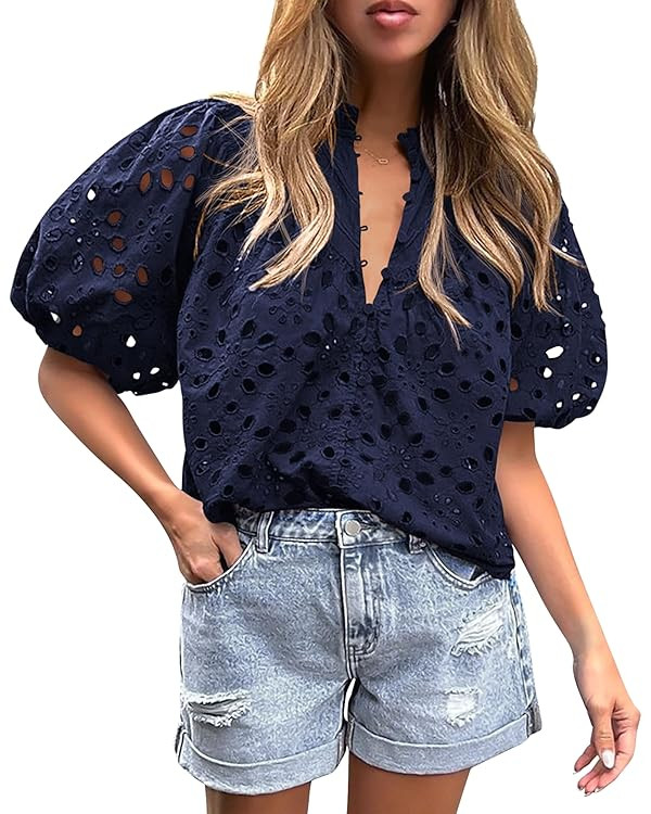 PRETTYGARDEN Women's Summer Tops 2025 Dressy Casual Short Sleeve V Neck Buttons Hollow Out Lace E... | Amazon (US)