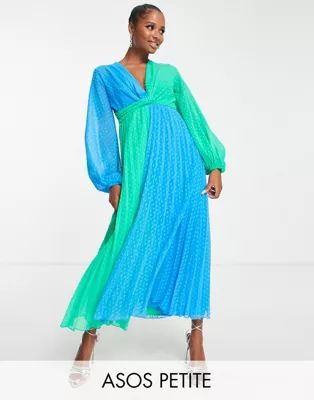 ASOS DESIGN Petite textured twist front pleated midi dress in green and blue color block | ASOS (Global)
