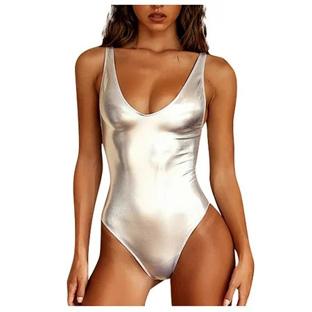 Sexy Liquid Metallic Glitter One Piece Push Up Swimsuit Female Shiny Solid High Cut Beachwear | Walmart (US)