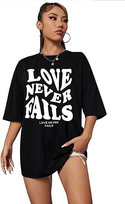 Women's Novelty Love Never Fails Letter Graphic Oversized Drop Shoulder Longline Tee Tshirts | Amazon (US)