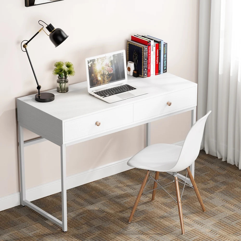 Tribesigns 47" Computer Desk with 2 Drawers, Modern Simple Laptop Desk , Rectangular White desk | Walmart (US)