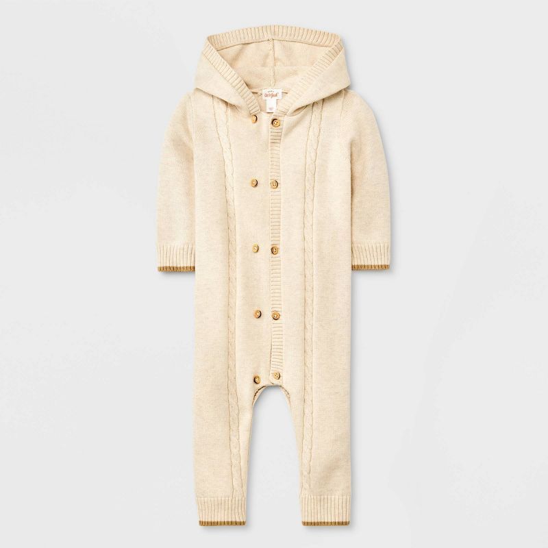 Baby Cable Button-Up Sweater Hooded Romper - Cat & Jack™ Oatmeal | Target