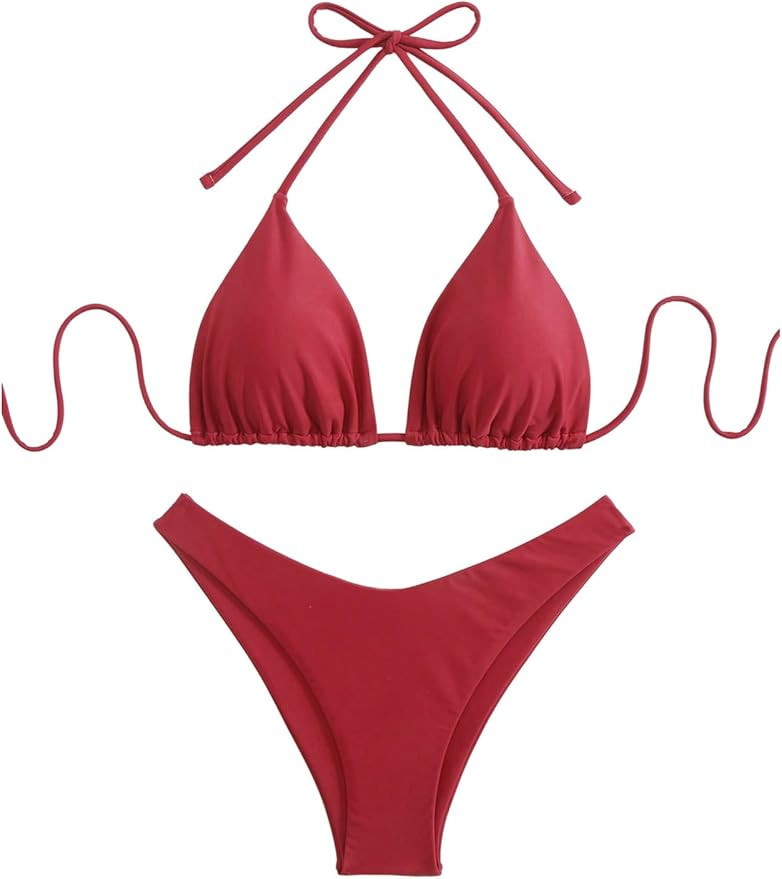 Amazon.com: GORGLITTER Women's High Waisted Thong Bikini Set Halter Triangle Tie Back Swimsuit Ba... | Amazon (US)