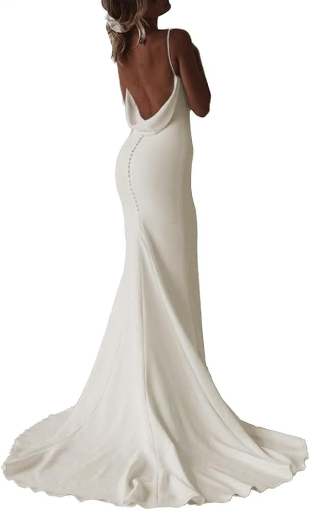 Satin Boho V-Neck Wedding Dresses Spaghetti Straps Mermaid Formal Evening Dress with Train 2024 | Amazon (US)