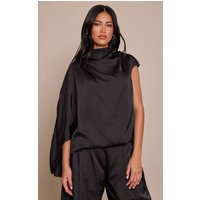 Black Satin One Sleeve Draped Top | PrettyLittleThing UK