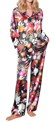 Ekouaer Silk Pajamas for Women Button Down Satin Pj Set Soft Long Sleeve 2 Piece Sleepwear Loungewear Black with Colorful Floral,M | Amazon (US)