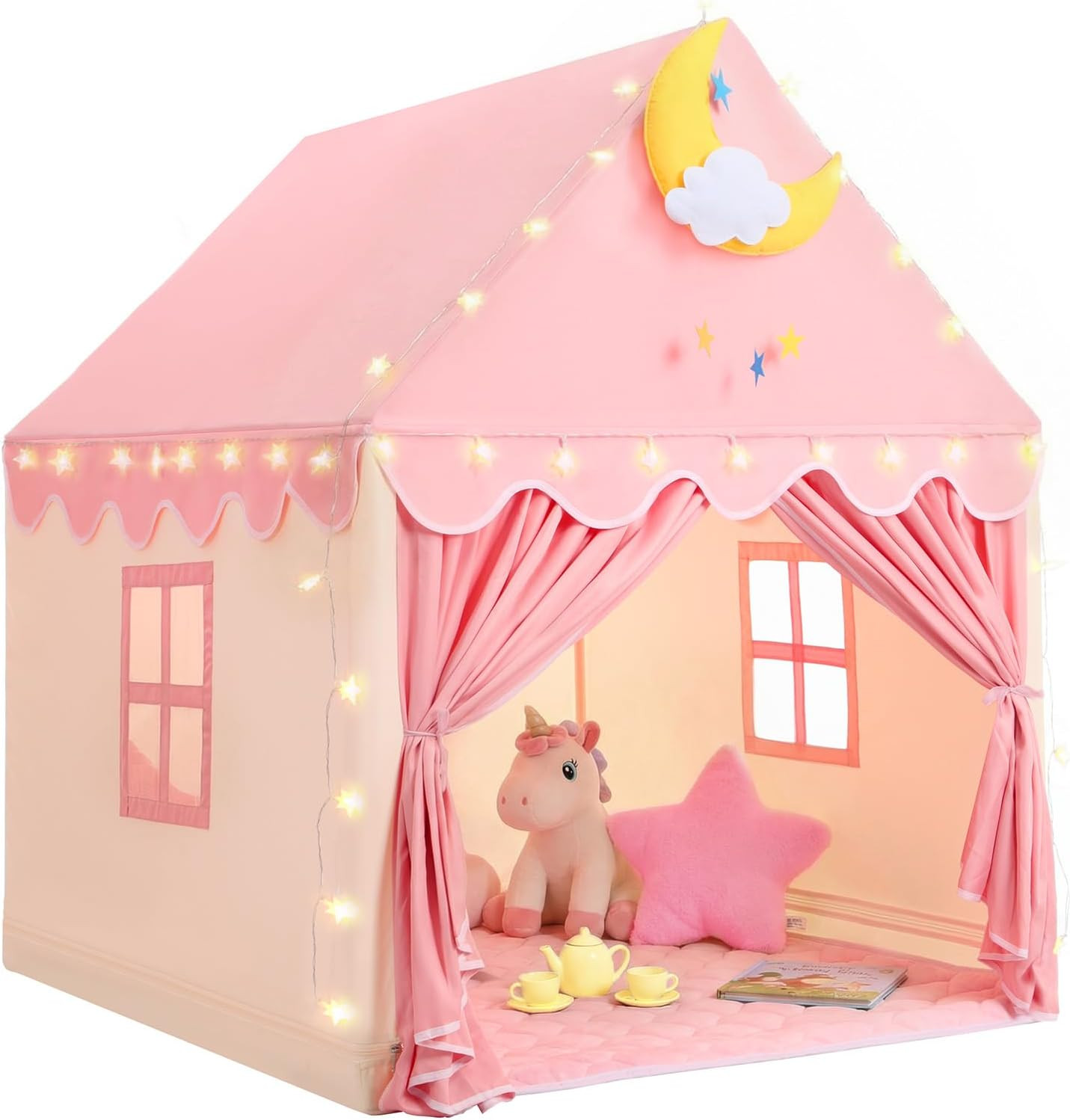 Kids Tent for Grils Indoor: with Mat, Star Lights - Pink Play Tents for Kids Indoor Playhouse - Princess Tent for Playroom Gift for Girls Birthday (Pink W/Cloth) | Amazon (US)