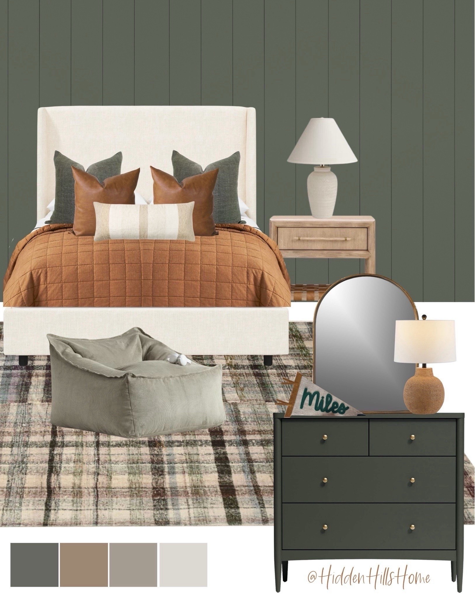 Boys bedroom mood board, boys room decor, masculine teen boys bedroom, boys room design, teenage boys bedroom inspo #boysroom
Paint color is SW Rosemary


#LTKKids #LTKHome #LTKSaleAlert