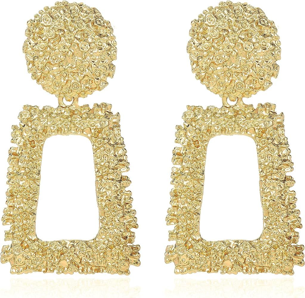 ATIMIGO Statement Drop Earrings Large Metal Rectangle Geometric Dangle Earrings Silver/Gold for W... | Amazon (US)
