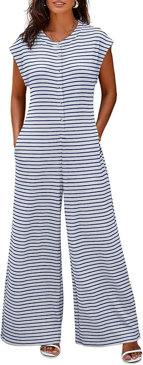 Cicy Bell Womens Casual Striped Jumpsuits Wide Leg Cap Sleeve Summer Jumper Crew Neck Button Down... | Amazon (US)