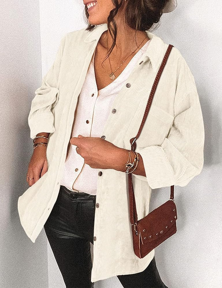 Saslax Womens Corduroy Shirt Long Sleeve Oversized Button Up V Neck Blouses Tops Loose Shacket Jacke | Amazon (US)