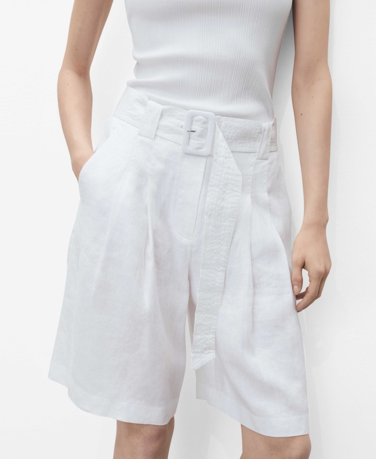 Mango Women's Belt Linen-Blend Bermuda Shorts - White | Macy's