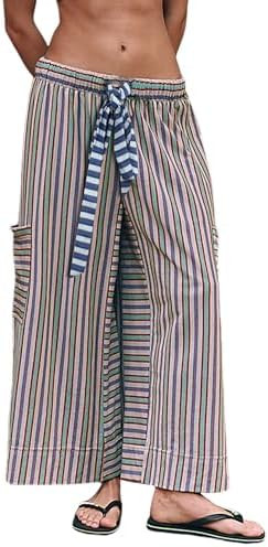 Bankeng Women Drawstring Striped Pants Loose Wide Leg Lounge Pants Casual Palazzo Pants Trousers ... | Amazon (US)