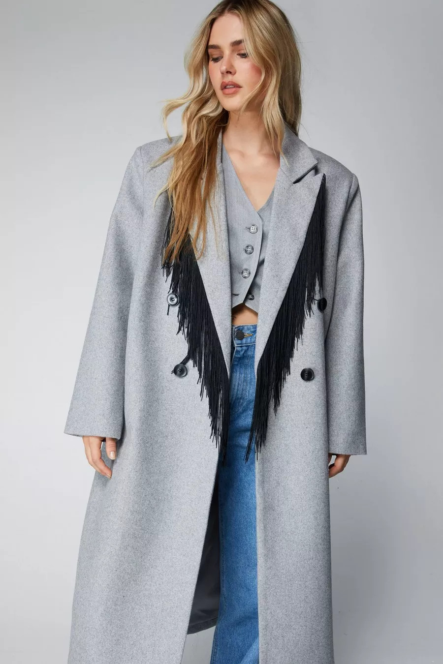 Premium Wool Blend Fringe Coat | Boohoo.com (UK & IE)