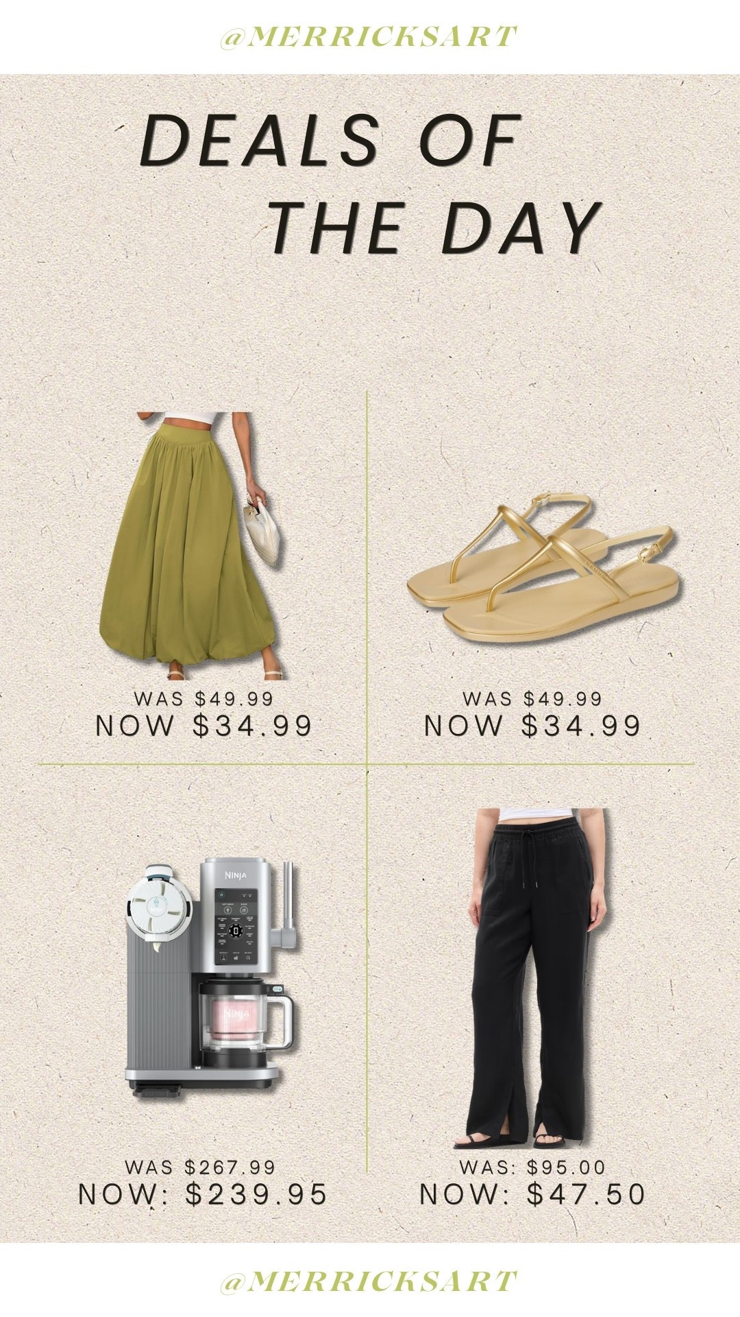 Daily deals - this gorgeous green skirt, metallic sandals that I’ve had in tan for a few years and love, the most fantastic soft serve machine, and our favorite linen pants