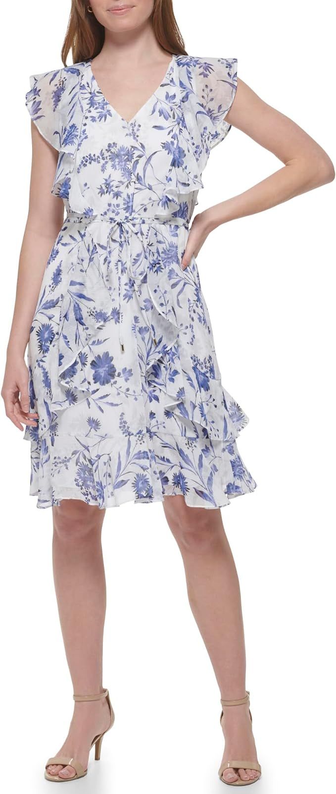 Tommy Hilfiger Women's Fit and Flare Ruffle Sleeve Chiffon Dress | Amazon (US)