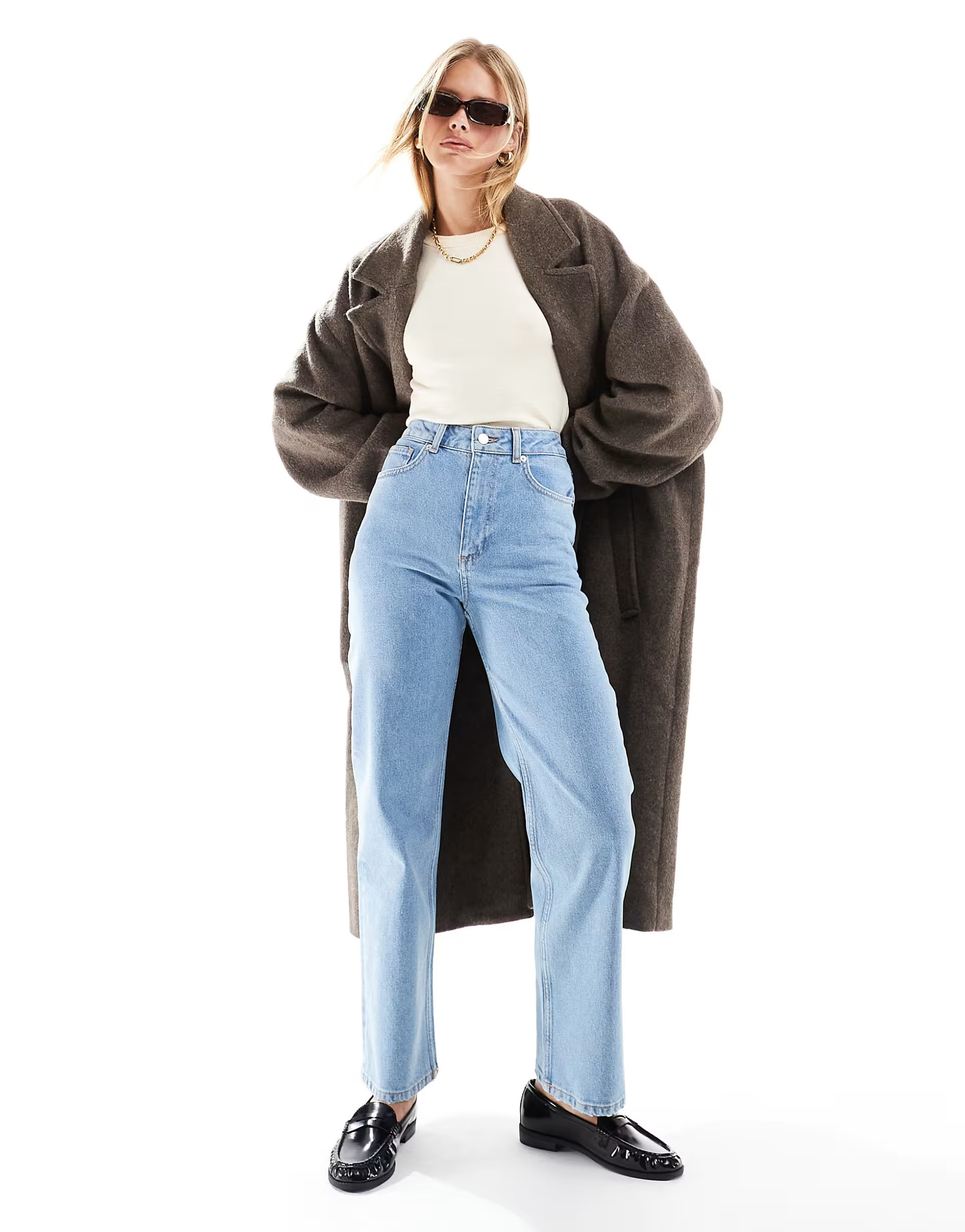 ASOS DESIGN mid rise relaxed straight grazer jeans in mid blue | ASOS (Global)