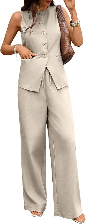 Women's 2 Piece Outfits Linen Vest Wide Leg Drawstring Pants Suits with Pockets | Amazon (US)