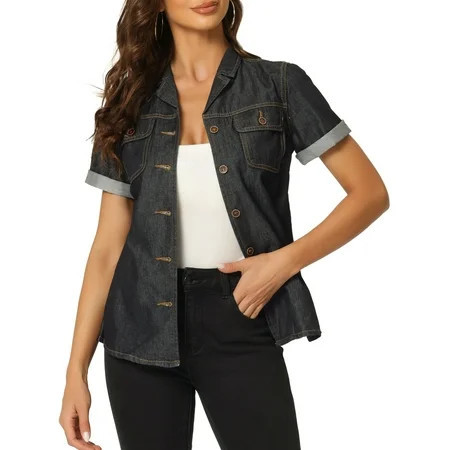 DARING DIVA Women s Denim Collared Short Sleeve Chest Pocket Button Up Shirt M Black | Walmart (US)