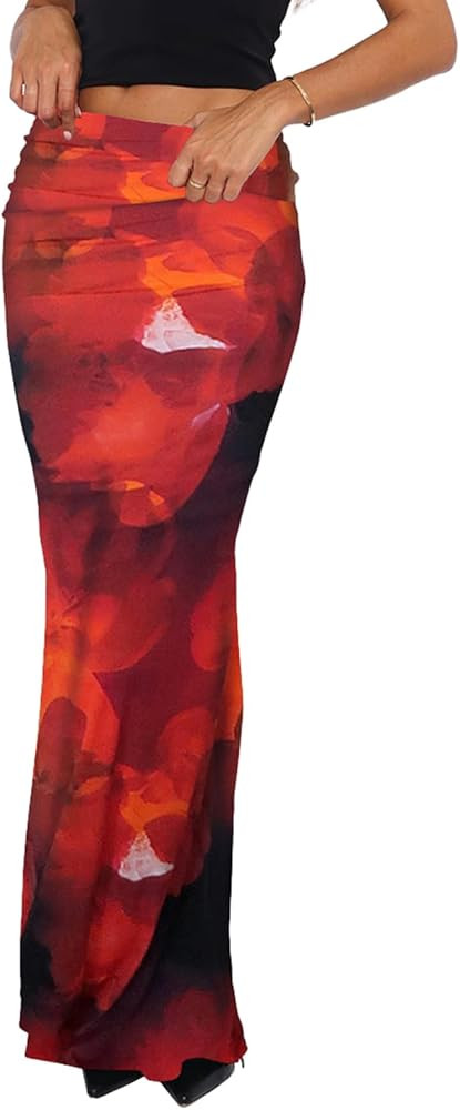 Bodycon Maxi Skirts for Women, Foldover High Waist Floral Leopard Cheetah Print Sexy Club Long Y2... | Amazon (US)