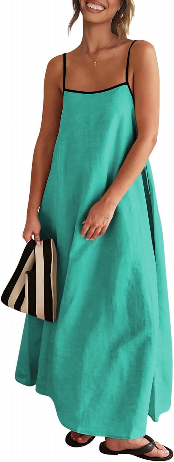 Senllen Women's Linen Dress Summer Loose Flowy Sundress Contrast Spaghetti Strap Sleeveless Backl... | Amazon (US)