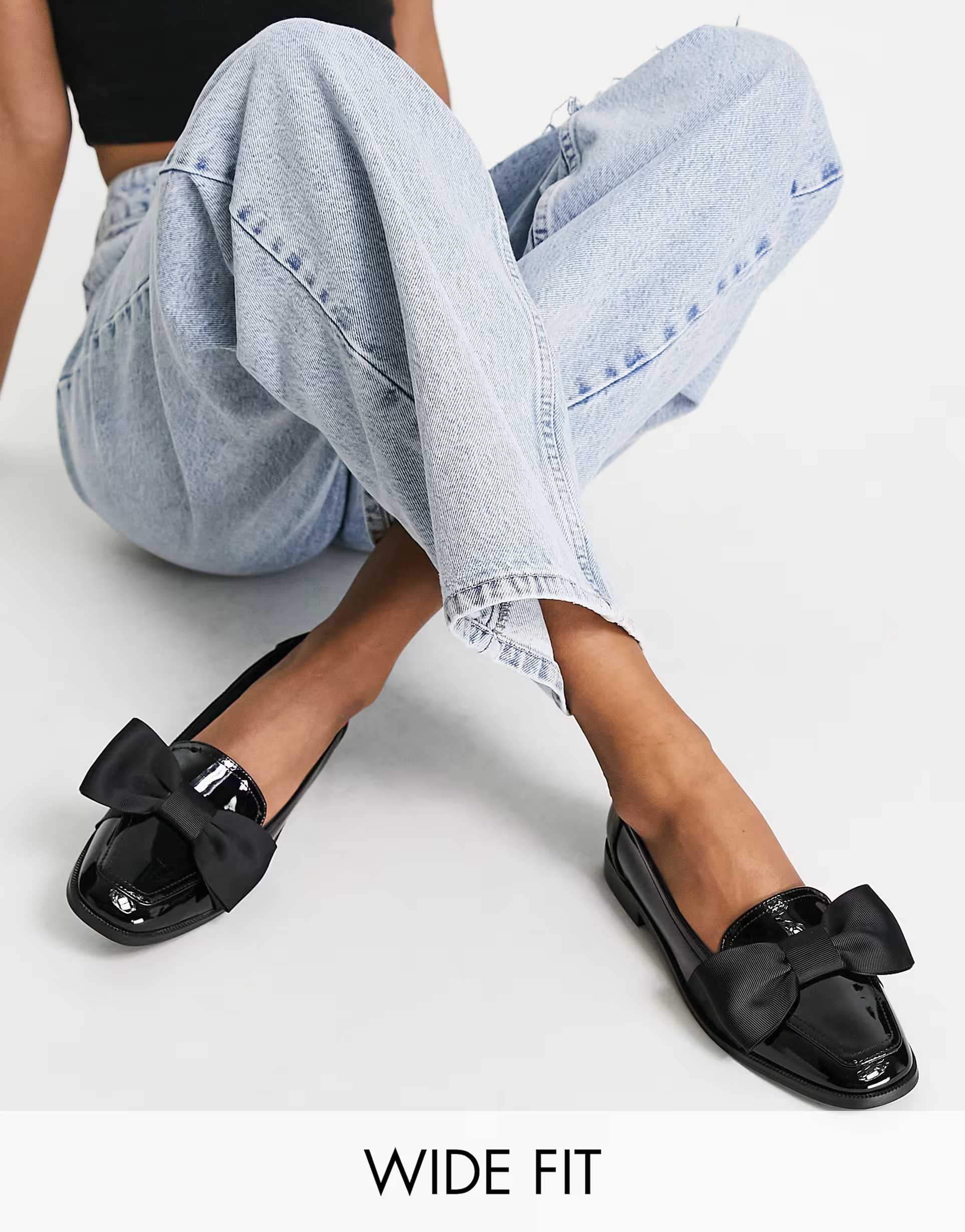 ASOS DESIGN Wide Fit Mentor bow loafer flat shoes in black patent | ASOS | ASOS (Global)
