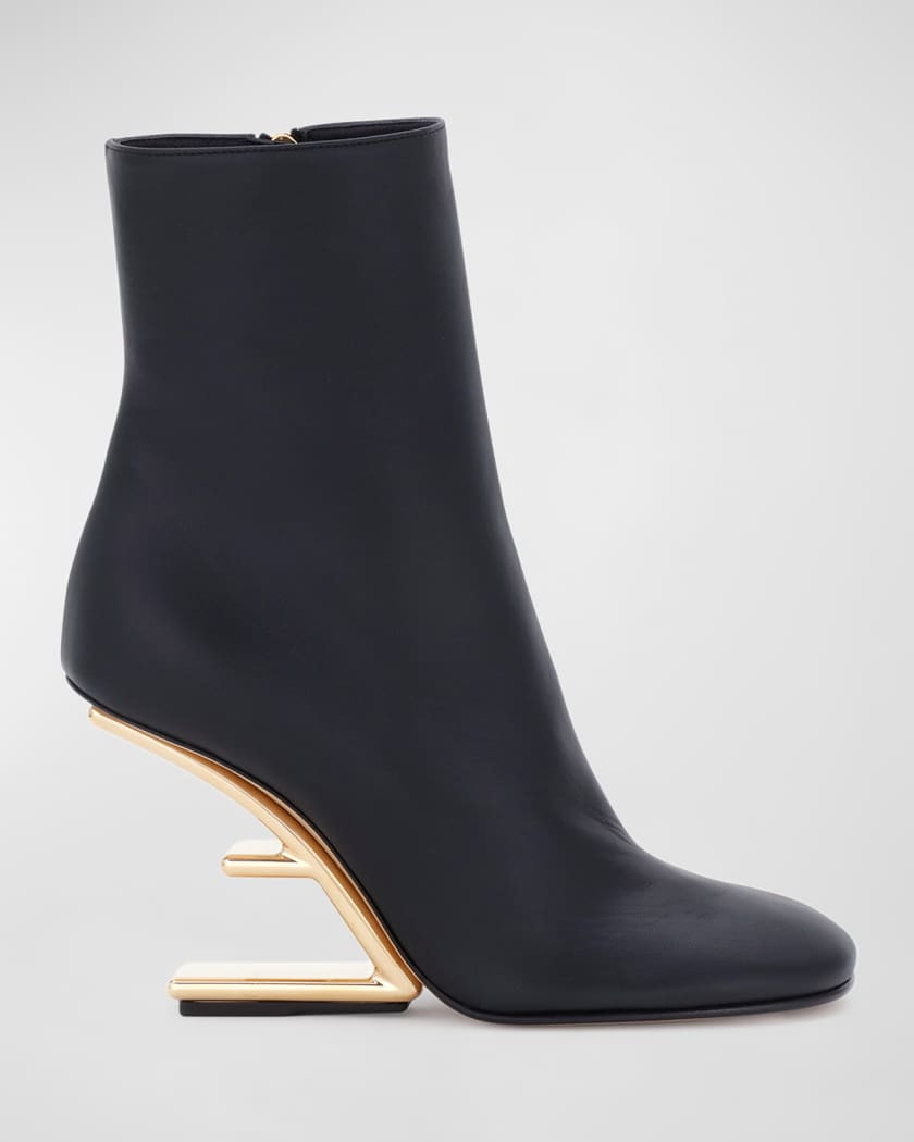 Fendi Lambskin Metallic F-Heel Ankle Booties | Neiman Marcus