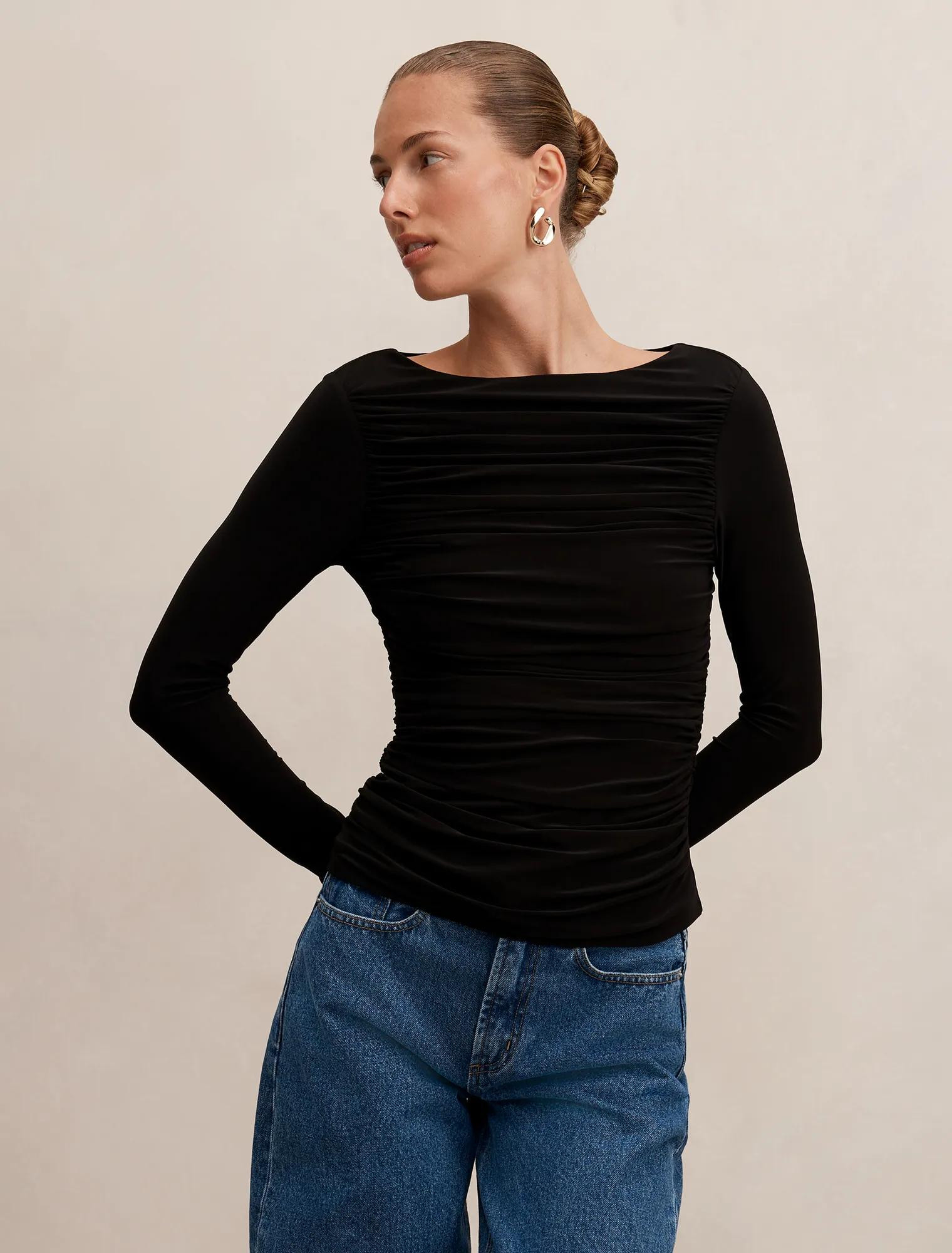 Forever New Women's Monica Ruched Boat Neck Top in Black | Forever New (AU)