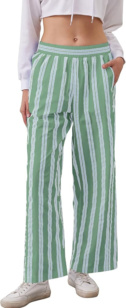 MISSACTIVER Women Drawstring Striped Pants Loose Wide Leg Trousers Casual Low Waist Pants Comfy L... | Amazon (US)