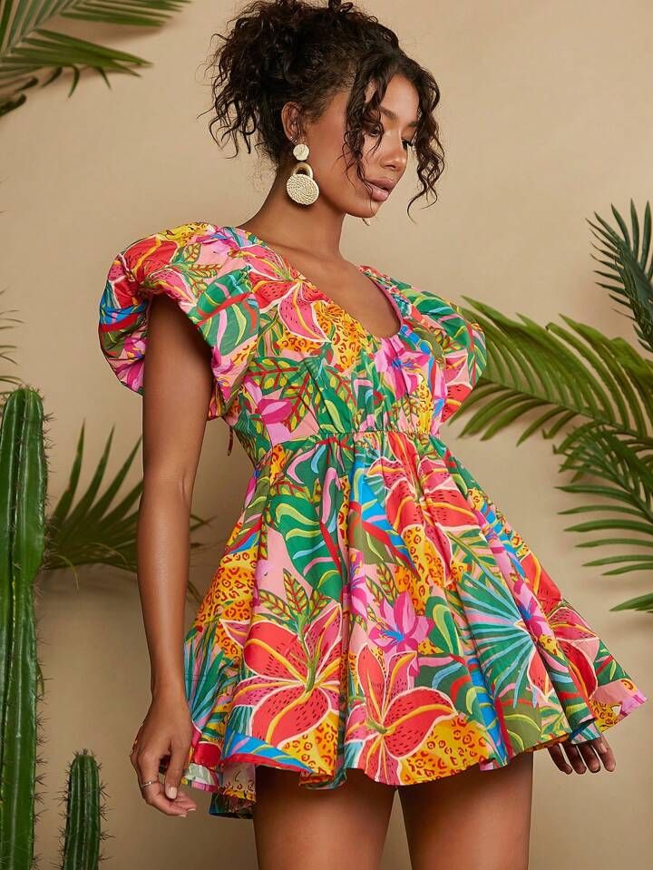 SHEIN VCAY Tropical Print Butterfly Sleeve Dress | SHEIN