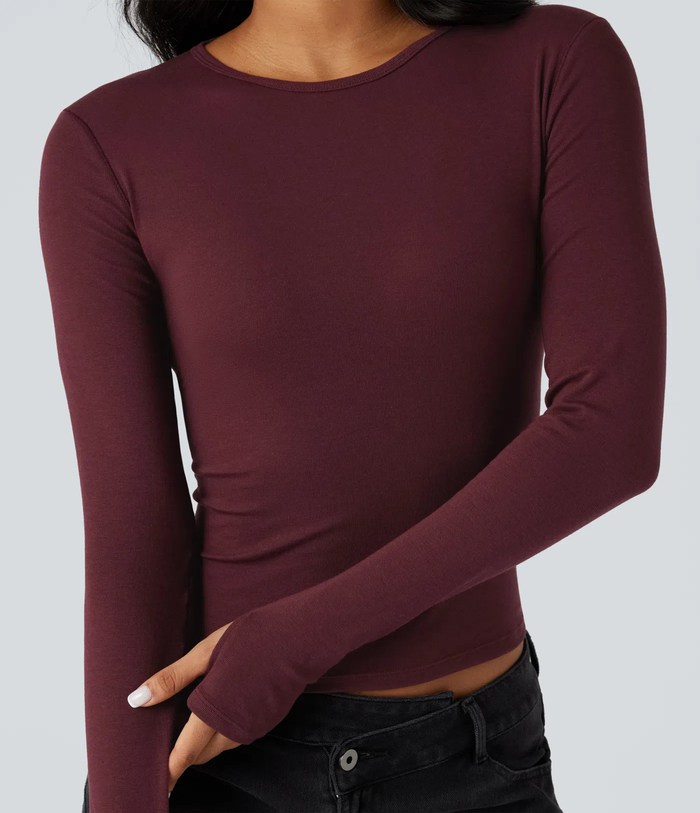 Round Neck Long Sleeve Thumb Holes Casual Wool-Blend Top | HALARA