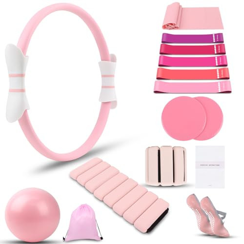 MIELIA 16 Pcs Pink Pilates Ring and Ball Set for Women with 15" Magic Circle Yoga Ring, Adjustable Ankle Wrist Weights, Resistance Band, Gliding Discs, Socks, Bag, Home Workout Pilates Yoga Equipment | Amazon (US)