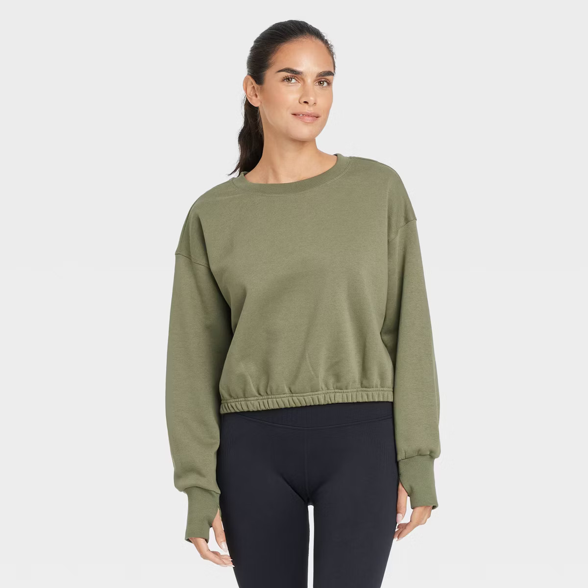 Women's Fleece Cropped Crewneck Pullover Sweatshirt - JoyLab™ Olive Green XXL | Target