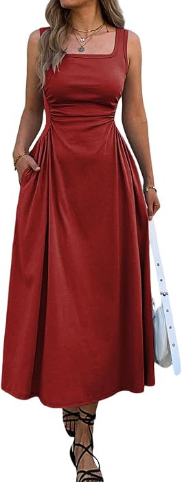 Mieazom Women's Square Neck Sleeveless Slim-Fit Maxi Dress Ruched Waist Corset Flowy Casual Summe... | Amazon (US)