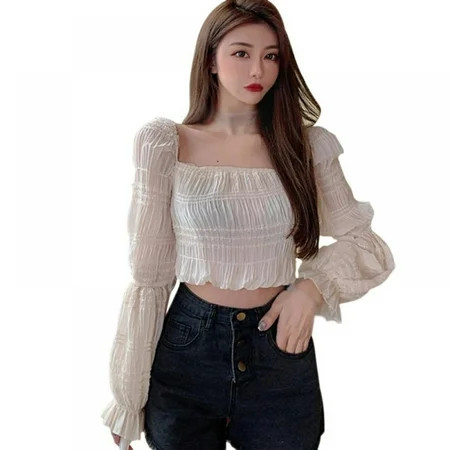 Pretty Comy Women Off-the-shoulder Puff Long Sleeve Ruched Crop Top White | Walmart (US)