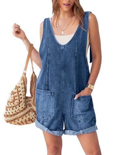 Glamaker Womens Casual Sleeveless V Neck Denim Romper Overall Shorts Summer Jean Romper Denim Outfit With Pocket(Dark Denim Blue L) | Amazon (US)