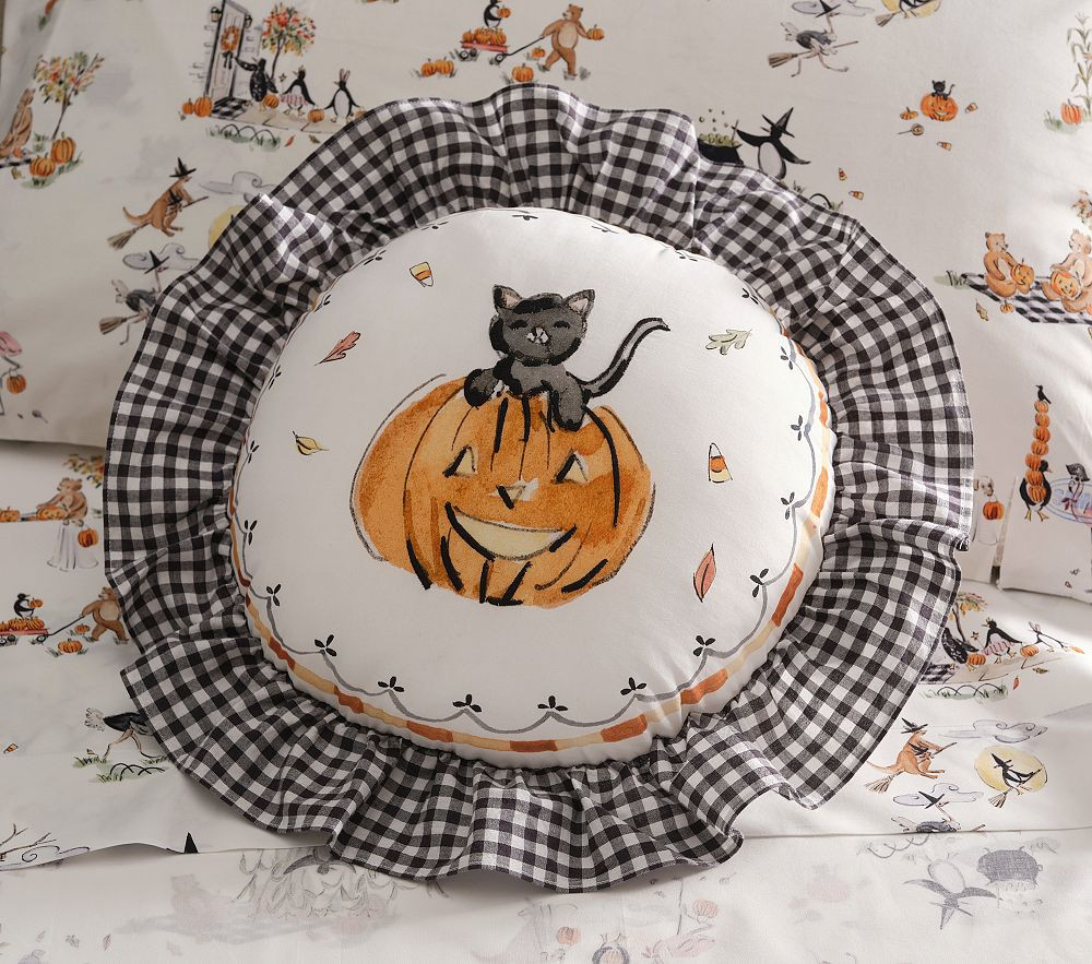 Riley Sheehey Embroidered Pumpkin Cat Pillow | Pottery Barn Kids