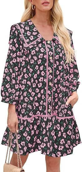 Wenrine Mini vestidos de verano para mujer, estilo casual, floral, cuello Peter Pan, manga 3/4, b... | Amazon (US)
