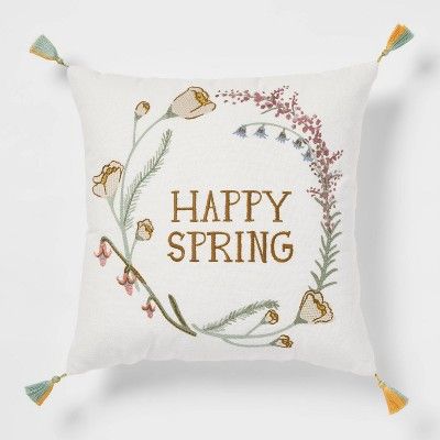&#39;Happy Spring&#39; Square Throw Pillow Cream - Threshold&#8482; | Target