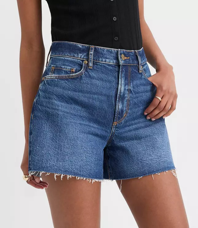Rivete Curvy Destructed High Rise Cut Off Denim Shorts in Da | LOFT
