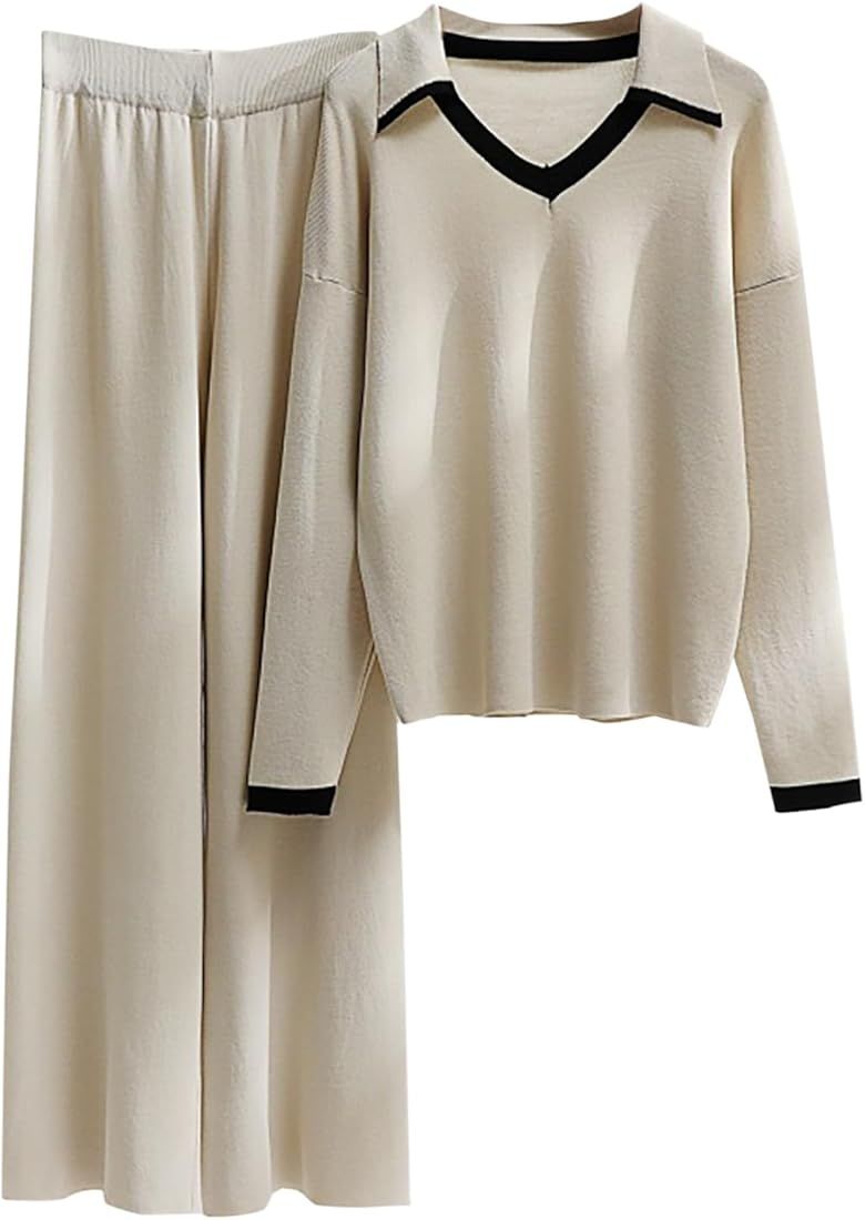 Women's Two Piece Outfits Long Sleeve Knit V Neck Top Fall Sweater Set Loose Wide Leg Pants Sweat... | Amazon (US)