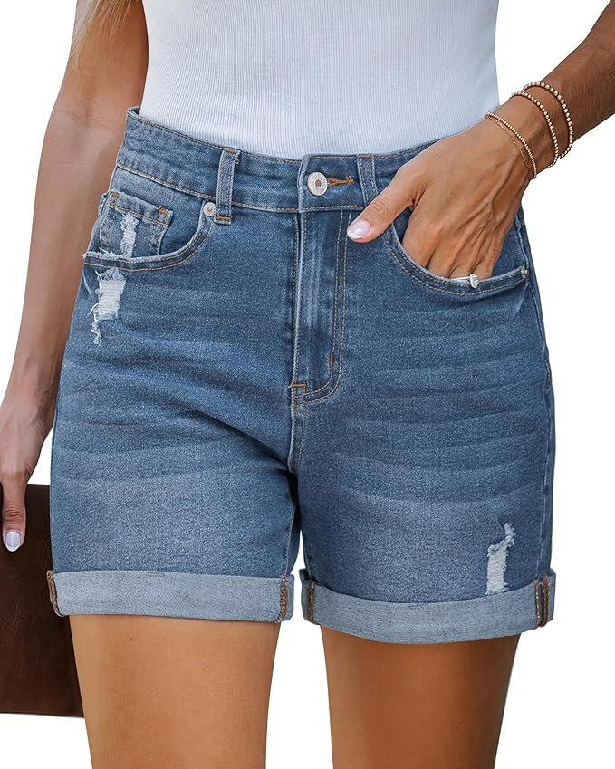 LookbookStore Jean Shorts Womens Stretchy High Waisted Ripped Denim Shorts with Pockets Trendy Di... | Amazon (US)