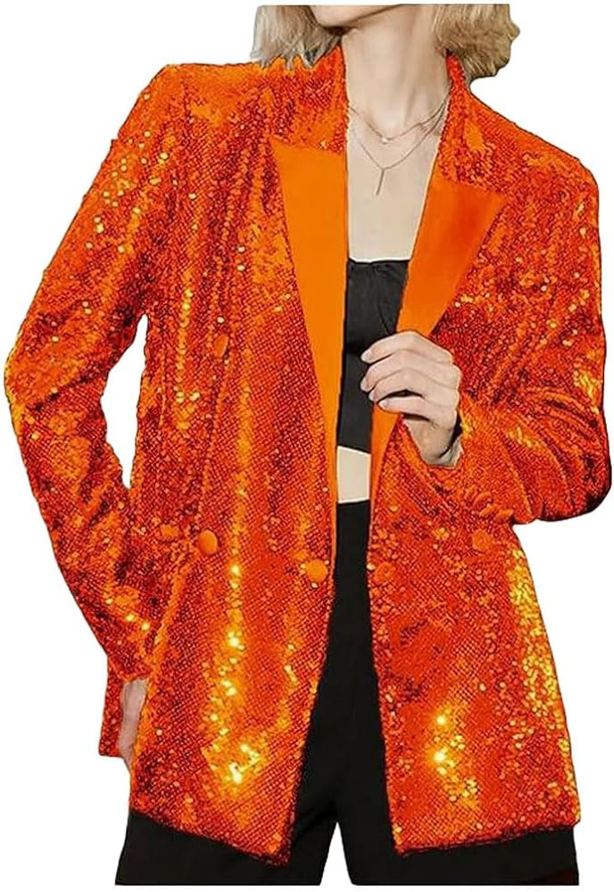Women's Double Breasted Sequins Blazer Notch Lapel Loose Style Jacket with Long Sleeves Prom Coat | Amazon (US)