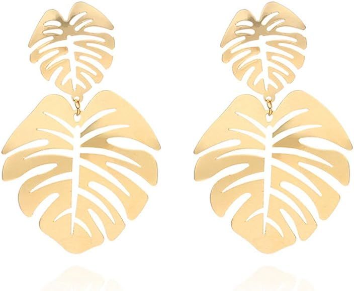 Gold Double Palm Leaves Stud Earrings, Monstera Leaf Earrings for Women Girls | Amazon (US)